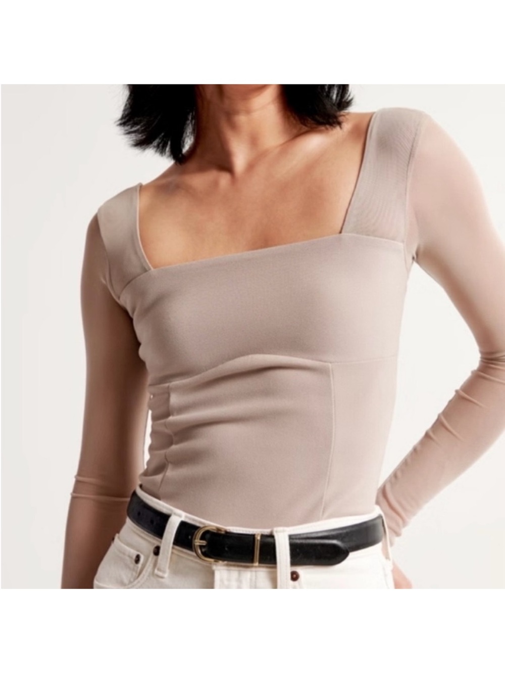 Abercrombie & Fitch Taupe Square-Neck Long Sleeve Top